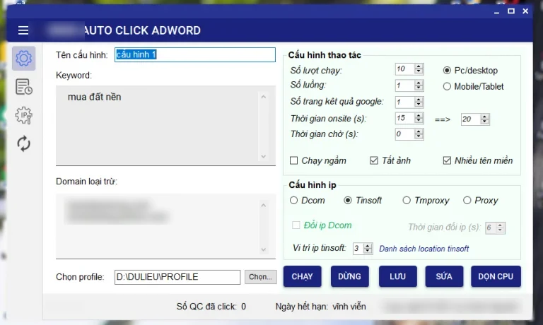 Giao diện phần mềm auto click quảng cáo Google Ads với cấu hình đổi IP và thời gian ở lại trang