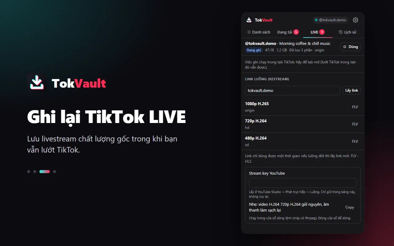 Ghi lại TikTok LIVE và lấy link restream lên YouTube bằng TokVault